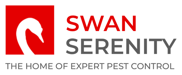 Logo of Swan Serenity pest control company with a red square and white swan on a white background.